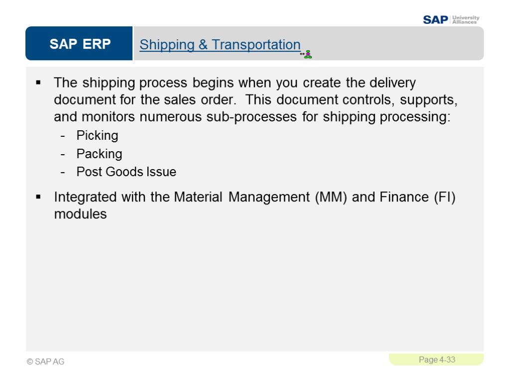 Shipping & Transportation The shipping process begins when you create the delivery document for